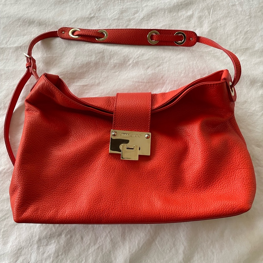 Authentic Jimmy Choo Orange Leather Shoulder Bag w/Gold Hardware